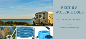 RV parked near a lake with product images of drinking water hoses and text reading “Best RV Water Hoses, All the Info in One Place.”