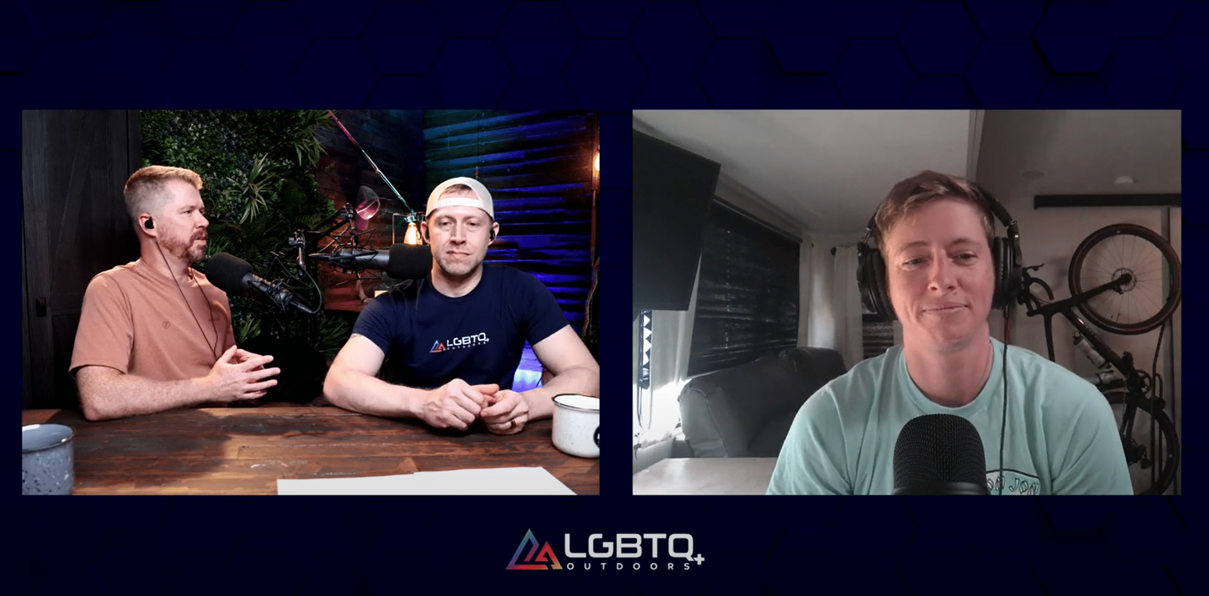 Screenshot of the LGBTQ Outdoors Podcast featuring two hosts and RV guest speaker in virtual interview